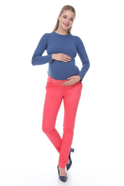 MİMBA Kadın Nar Renk Yarım Bel Dar Paça Kot Hamile Pantolonu - 2