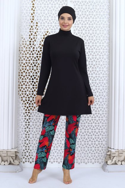 Long-sleeved modest swimsuit with Patterned pants.