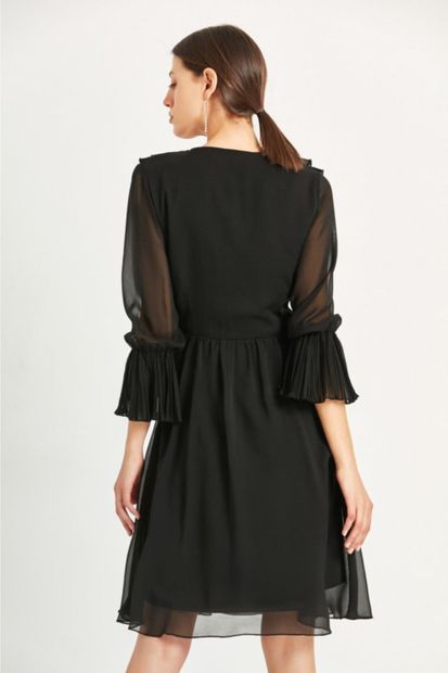 Say Kadın Siyah Yakası Pileli Şifon Elbise - 4