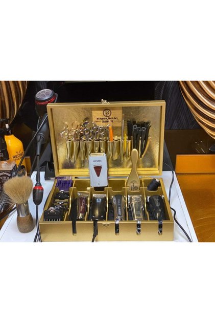 Ahşap Gold Renk Makas Tarak Ve Makina Çantası