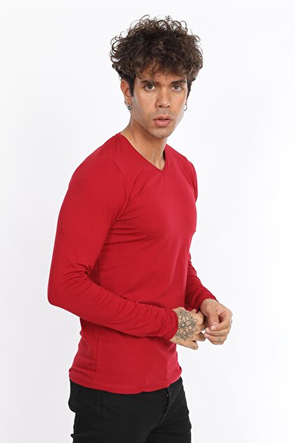 Fabregas Kırmızı Slim Fit Likralı V Yaka Basic Uzun Kollu T-shirt - 3