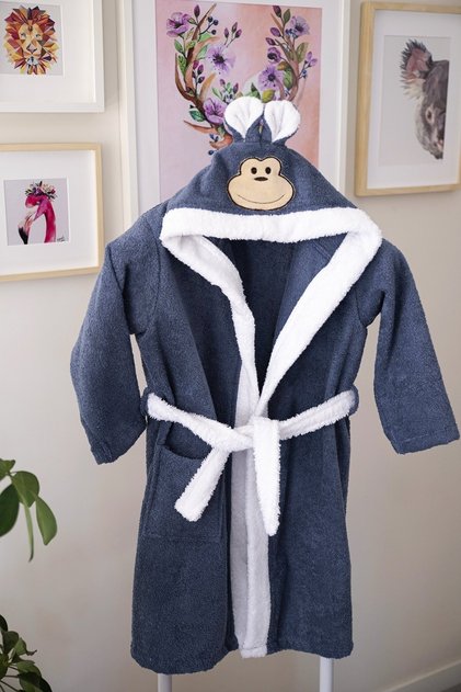 Hooded Children's Bathrobe 100% Cotton Girls' Bathrobe Monkey Animal Blue