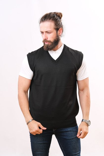 Woolen Sleeveless Knitwear Sweater - Black