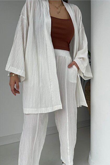 Beyaz Gofre Kimono Alt Üst Takım