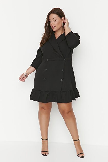 Trendyol Curve Black Plus Size Unlined Three Quarter Sleeve Mini Woven  Jacket Dress TBBAW23AH00042- Trendyol