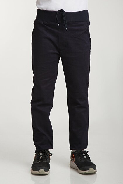 Unisex Kids Ribbed Waist Navy Blue Comfortable Fit Canvas School Pants