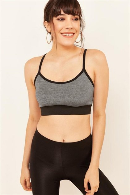 Women's Gray Cross Thin Rope Strap Supported Sports Bra