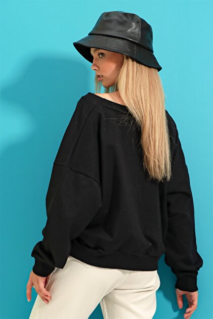 Trend Alaçatı Stili Kadın Siyah Önü Bağcıklı Oversıze Sweatshirt