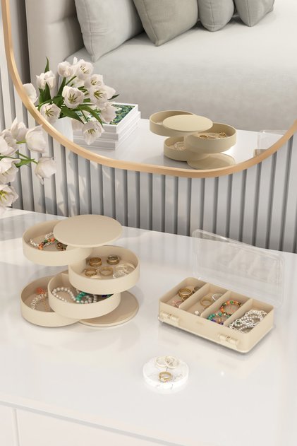 Makeup Organizer And Cosmetic Storage Box Organizer Set of 2 Cream