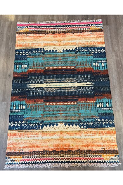 Rugs Modern Halı Cotton 550 Turkuaz Turuncu Desenli Çift Taraflı