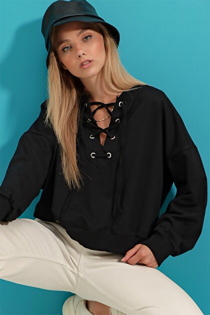 Women's Black Lace-up Oversize Sweatshirt MDA-1029