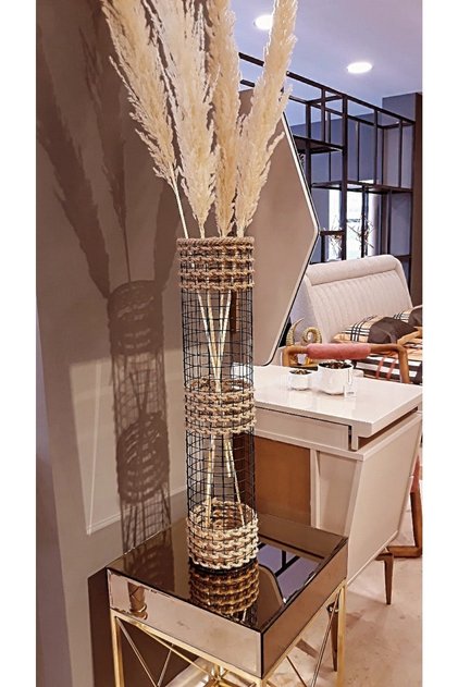 Metal Tel Hasır Örgülü Özel Tasarım Pampas Vazosu Üç Örgü 55- 60 Cm