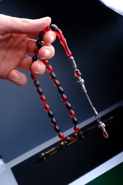 Silver Kazaz Tassel Moire Fire Amber Prayer Beads