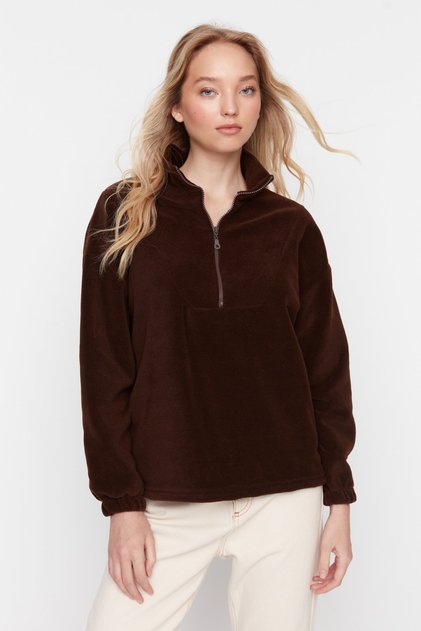 Brown Zipper Detailed Fleece Knitted Cardigan/Sweatshirt Twoaw21Sw0758