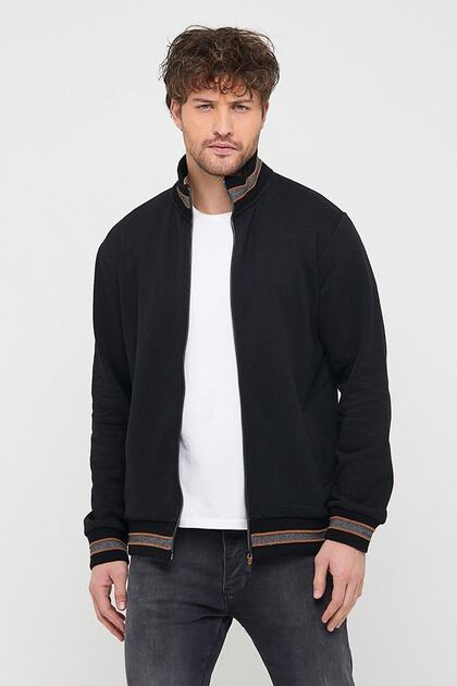 Men's Black Regular Fit Stand Collar Zippered Long Sleeve Cardigan