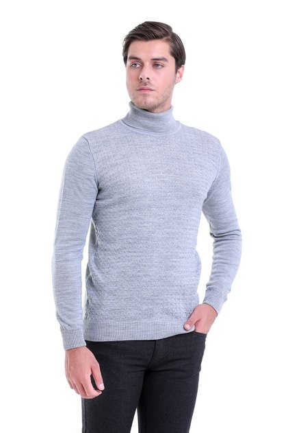 Men's Gray Regular Fit Patterned Turtleneck Sweater