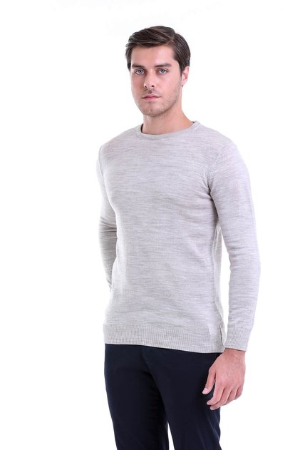 Men's Beige Regular Fit Plain Crew Neck Knitwear Sweater