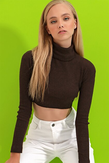 Trend Alaçatı Stili Kadın Kahve Balıkçı Yaka Fitilli Basic Crop