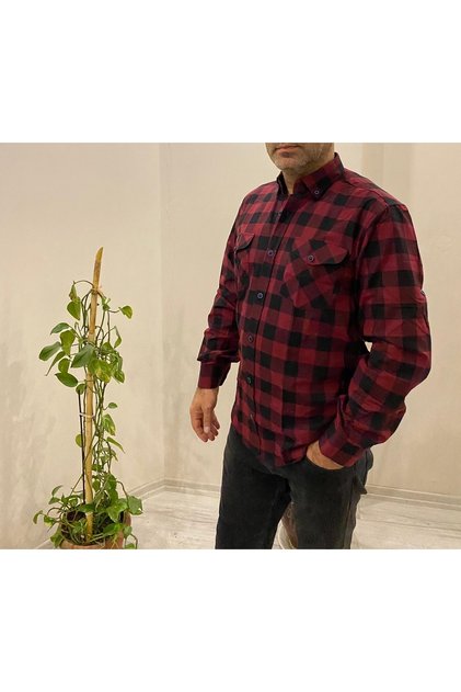 Wide Cut Burgundy Black Checkered Pattern Long Sleeve Shirt