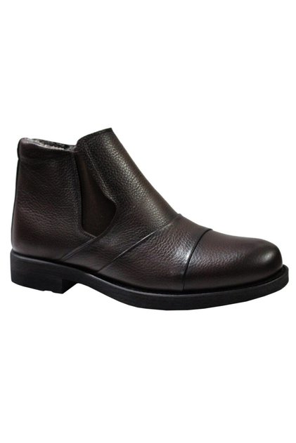 Brown Genuine Leather Fur Men's Boots Zippered Rubber Non-Slip Laceless Winter Warm