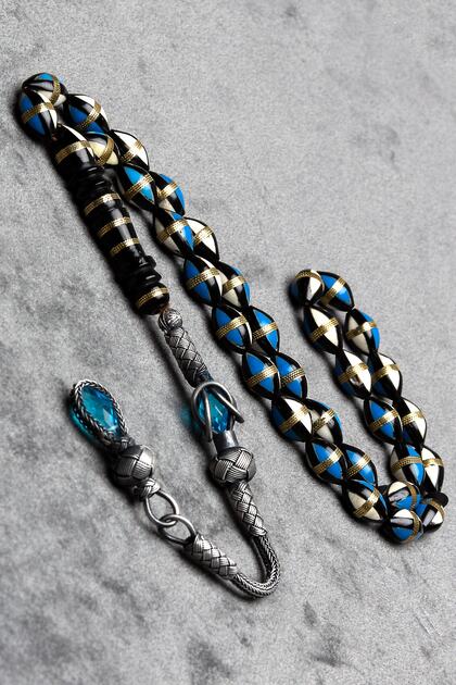 Men's Silver Kazaz Tasseled Blue Enamel Embroidered Spiral Kuka Tasbih