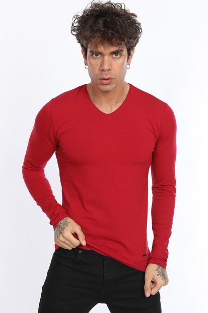 Fabregas Kırmızı Slim Fit Likralı V Yaka Basic Uzun Kollu T-shirt - 1