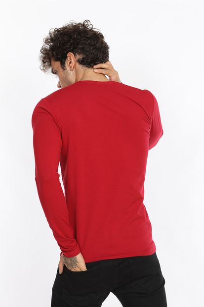 Fabregas Kırmızı Slim Fit Likralı V Yaka Basic Uzun Kollu T-shirt - 4