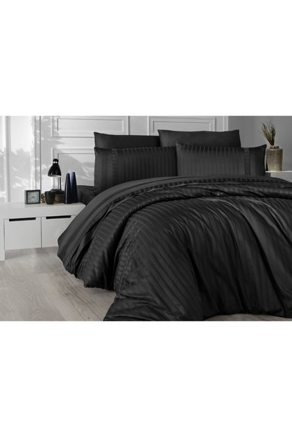 Double Line Cotton Satin Duvet Cover Set Black