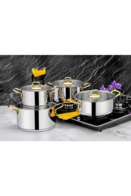 ÖZLİFE 8 Parça Tencere Hüma Model Çeyiz Seti Sade Gold - Fiyatı