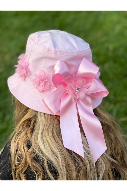 Luxury Custom Design Rhinestoned Floral Ribbon Adult Teen Baguette Bucket Hat Candy Pink