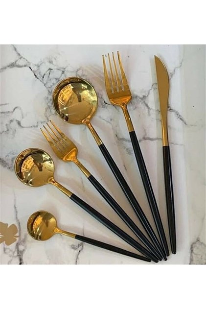 Fırat 36 Parça 6 Kişilik Siyah Saplı Gold Çatal Bıçak Takımı