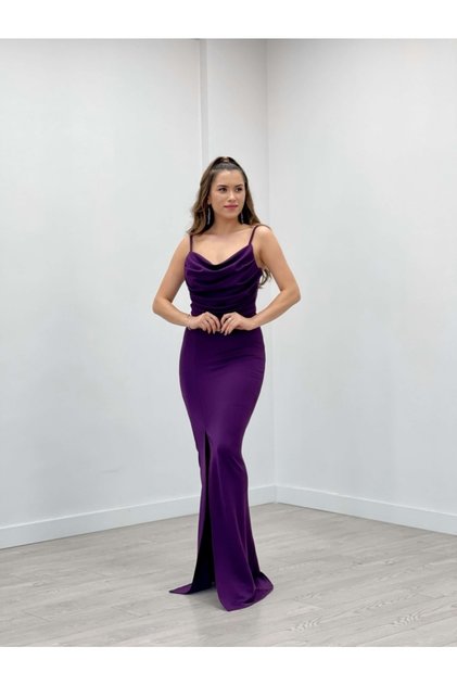 Crepe Fabric Degaje Collar Strap Dress - Eggplant Purple