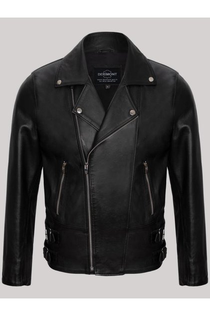 Genuine Lambskin Black Men's Leather Coat Side Zipper Waist Belt Leather Jacket