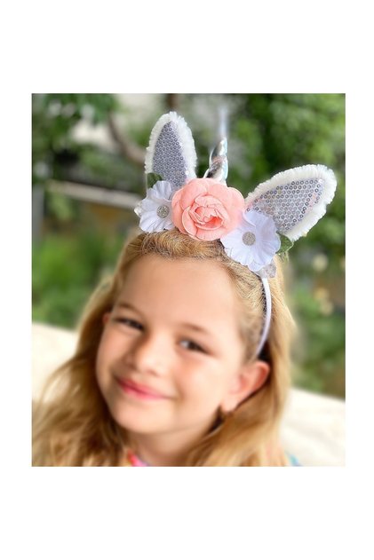 Unicorn Children's Crown with Artificial Flowers and Glitter Sequin Ears