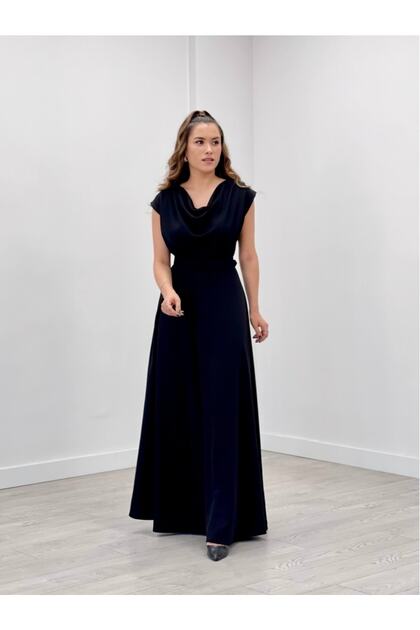 Crepe Fabric Degaje Collar Dress - Black
