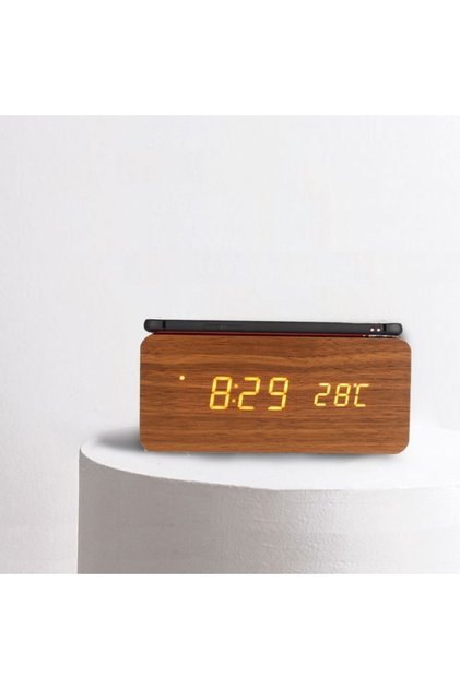 Kablosuz Şarjlı Ses Kontrollü Led Ahşap Saat Alarm Elektronik Akıllı Çalar Saat