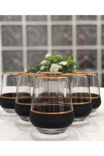 Lav Allegra Water Soft Drink Glass, 345 Cc Water Glass for 6 People with Gold Detail and Black Stripe