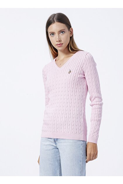 U.S. Polo Assn. V-Neck Plain Pink Women's Sweater Tk03-Bsk22- Trendyol