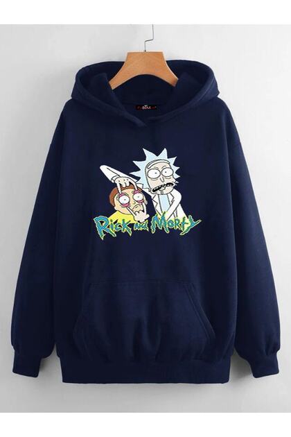Rick And Morty Kapüşonlu Lacivert Sweatshirt
