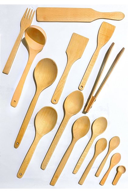 15 Parça Yağlı Kayın Ahşap Kaşık Tahta Spatula Servis Kepçe Ağaç Çatal Maşa Seti