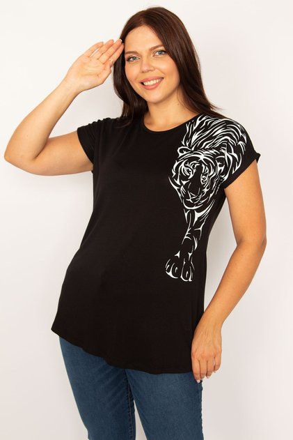Women's Large Size Black Print Detailed Viscose Blouse 65n34193