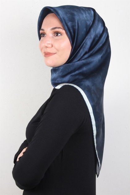 Cloud Pattern Crepe Satin (Sura) Silk Scarf - Navy Blue - 7208701-322