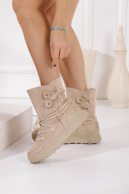 Suede Fur Women's Snow Boots with Buttons and Laces Non-Slip Thermo Rubber Sole Winter Booties Bootie Postal