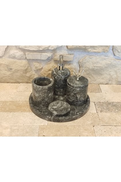 UludaÄŸ Black Marble 5-Piece Bathroom Set with Corner Tray