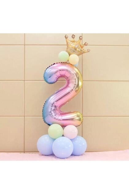 Rainbow Concept 2 Year Old Birthday Set with Figure and King Crown Foil Balloon and 10 Macaron Balloons