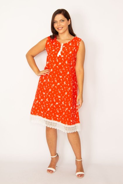Women's Large Size Pomegranate Hem Lace Detailed Dress 65n34170