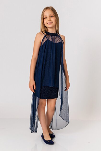 incity Girl's Navy Blue Tulle Cape Sleeveless Glitter Dress- Trendyol incity Girl's Navy Blue Tulle Cape Sleeveless Glitter Dress- Trendyol