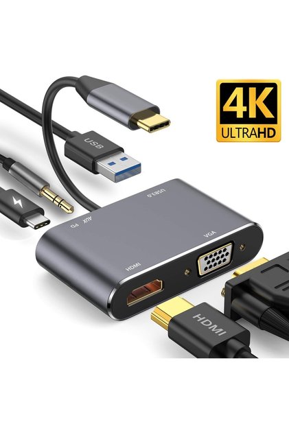 5in1 Type-c Hub Port Adaptör Hdmı Vga Usb Aux Pd Girişli Typc Girişli