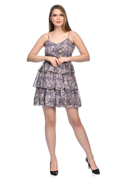 Genel Markalar Çiçekli Lila Şifon Katlı Elbise - 2