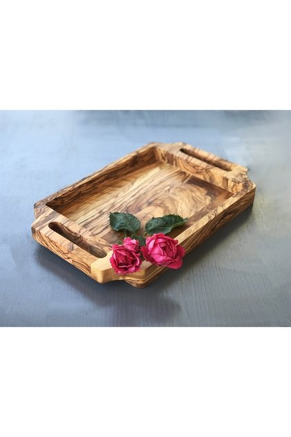 Zeytin Ağacı Ahşap Kulplu Çay Tepsisi